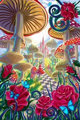 Foto op Aluminium fantastic landscape with mushrooms, beautiful old castle, red roses and butterflies. illustration to the fairy tale "Alice in Wonderland" © svetlanasmirnova
