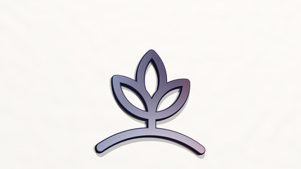 organic plant grow from a perspective on the wall. A thick sculpture made of metallic materials of 3D rendering. background and food