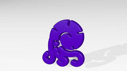 squid shell made by 3D illustration of a shiny metallic sculpture with the shadow on light background. seafood and food