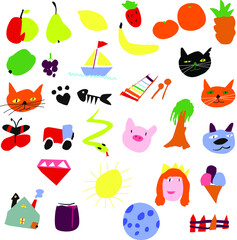 Children's style icons set. Simple cute icons on different topics.