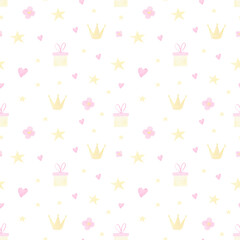 Watercolor seamless pattern with gifts, stars. Seamless background for wrapping paper, covers, textiles. Lovely hand-painted presents, stars, hearts background. 