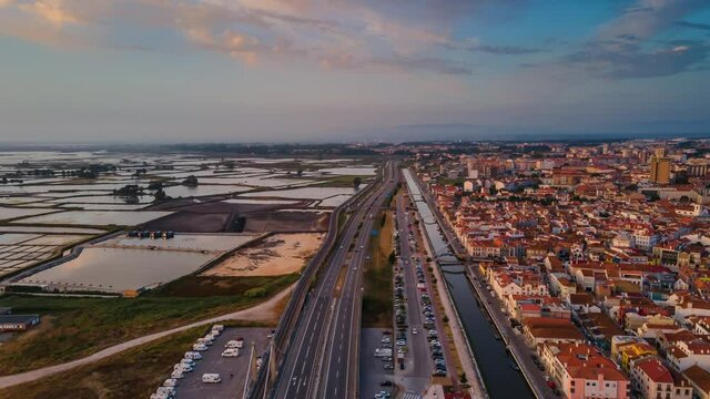 Aerial Hyperlapse of Aveiro City, Portugal. Following the main Highway during sunset.