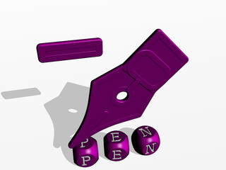 3D graphical image of PEN vertically along with text built by metallic cubic letters from the top perspective, excellent for the concept presentation and slideshows. illustration and background