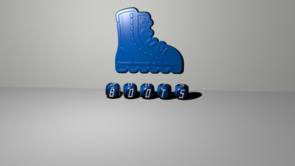 3D representation of BOOTS with icon on the wall and text arranged by metallic cubic letters on a mirror floor for concept meaning and slideshow presentation. illustration and background