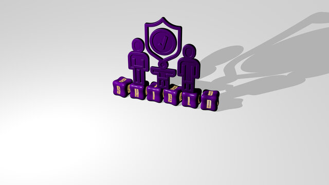 3D representation of shield with icon on the wall and text arranged by metallic cubic letters on a mirror floor for concept meaning and slideshow presentation. illustration and design