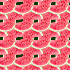 Seamless watercolor background with slices of watermelon. Slices of red watermelon with seeds