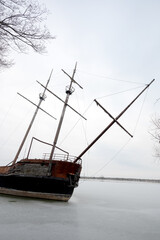 Old Pirate ship replica stranded on frozen water in Canada