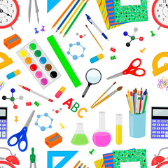 Seamless pattern Back to school stationery notebooks pencils pens paper clips eraser alarm clock protractor sharpener flask scissors calculator compass flasks alarm clock vector illustration