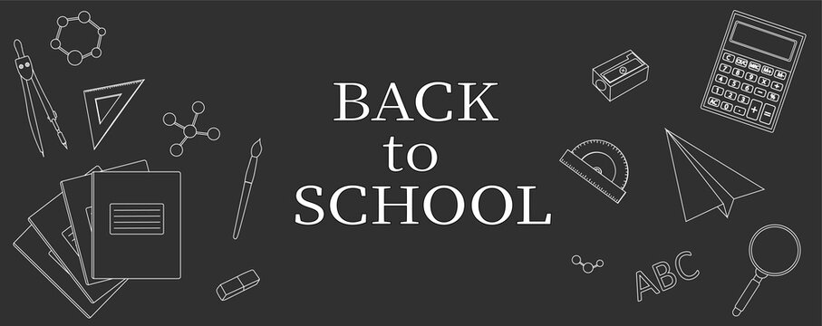 Banner back to school vector illustration black and white coloring. Stationery items paint pencils notebooks paper plane scissors sharpened calculator books ruler
