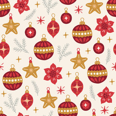 Christmas seamless pattern with balls, stars, fir branches, baubles