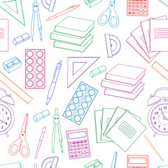 Seamless pattern back to school vector illustration. Stationery draw with pencils notebooks paper planers scissors sharpened calculator books rulers
