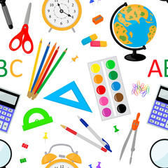 Seamless pattern stationery for school notebooks pencils pens paper clips eraser globe calculator bulb alarm clock magnifier vector illustration	