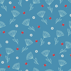 Christmas seamless pattern with berries, snowflakes, plants on blue background