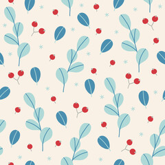 Christmas seamless pattern with red berries and leaves