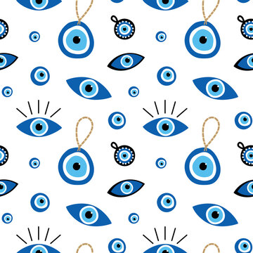 Vector cartoon style seamless pattern background with variety of turkish blue eye-shaped amulets, nazar talismans.
