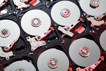 Opened broken hard disks pattern with red and blue lighting