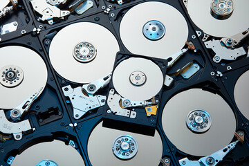 Opened broken hard disks pattern with red and blue lighting