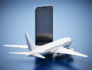 Fototapeta premium Airplane standing near smartphone screen. 3D illustration