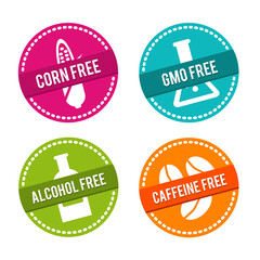 Set of Allergen free Badges. Corn free, GMO free, Alcohol free, Caffeine free. Hand drawn Signs. Can be used for packaging Design.