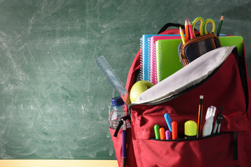Backpack full of school supplies and blackboard front view detail