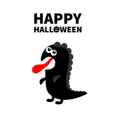 Dinosaur monster silhouette. Happy Halloween. Cute cartoon kawaii sad character icon. Tongue, eyes, hands. Funny baby collection. Black color. Flat design. White background.