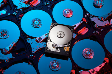 Opened broken hard disks pattern with red and blue lighting