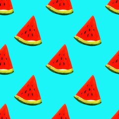 Juicy watermelon pattern. Red sliced watermelon. Seamless pattern on blue background. Watercolor illustration.