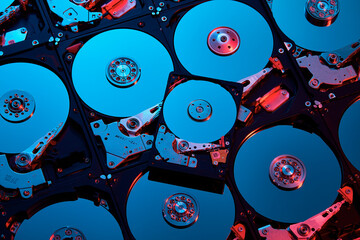 Opened broken hard disks pattern with red and blue lighting