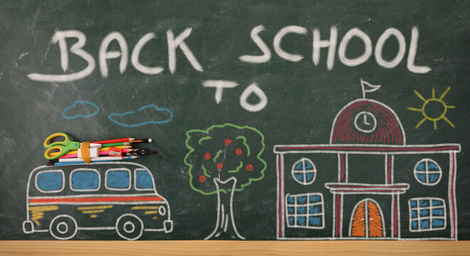 School creativity with school drawn on blackboard back to school