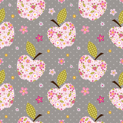 Silhouettes of apples and apple blossoms.Vector  seamless pattern. Fruits and flowers on a polka dot background. Floral design.