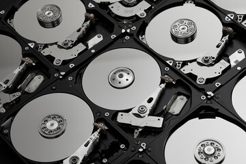 Opened broken hard disks pattern with red and blue lighting