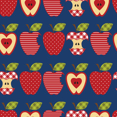 .Apples. ( whole apple, apple whole bite, apple half, apple core.) Vector  seamless pattern. Silhouettes of fruits on a blue background..