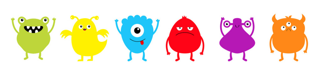 Monster set line. Cute kawaii cartoon character icon. Happy Halloween. Funny baby collection. Eyes, horns, hands up, tongue. Colorful silhouette. White background. Isolated. Flat design.