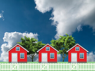 Row of detached residential houses on a suburb street with white picket fence and gate set against a blue cloudy sky