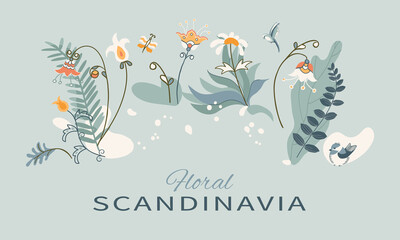 Arrangement flowers, birds and butterfly in Scandinavian style on white background.