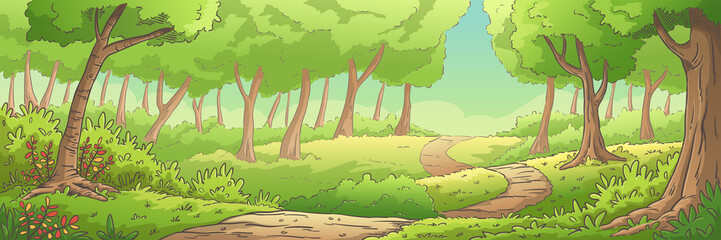 Summer forest landscape, panorama. Hand drawn vector illustration with separate layers.