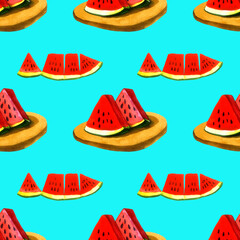 Juicy watermelon pattern. Red sliced watermelon and watermelon slices on a plate. Seamless pattern on blue background. Watercolor illustration.