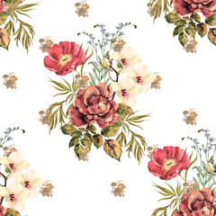 Watercolor bouquet flowers on white background. Handmade work rose, peony and flower orchid. Seamless pattern for design.