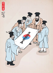 Korean traditional painting - Men wearing Korean traditional clothes, Hanbok. Hand drawn / Vector illustration. 