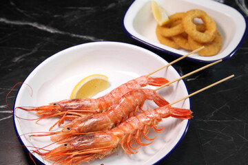 Beer pub. Langoustines and beer. Beer and seafood snacks. Langoustines, beer, squid rings. 