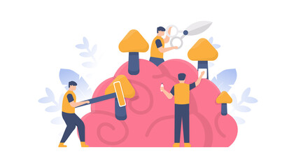 the concept of mind refreshment, brain tumors, memory cleansing. illustration of a team cleansing the brain of fungi. flat design. can be used for elements, landing pages, UI, website