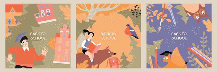 Back to school. Set of vector cards with funny children and animals on an autumn background.