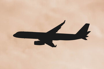 silhouette of the airplane in the evening sky