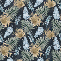 Fototapeta premium Beautiful vector seamless pattern with watercolor tropical leaves. Stock illustration