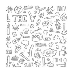 Cannabis doodles set. Hand drawn marijuana leaves, smoking pipes, joints, bongs and other elements. Vector cartoon objects.