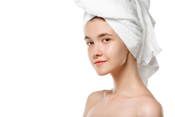 Beauty Day. Beauty Day. Woman wearing towel doing her daily skincare routine isolated on white studio background. Concept of beauty, self-care, cosmetics, youth, spa. Natural beauty, healthy.