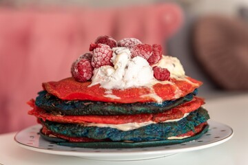 american pancakes with raspberries isolated.