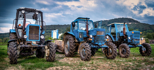 Dramatic view of three old farm tractors © Proydakov