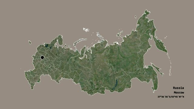 Moskva, region of Russia, with its capital, localized, outlined and zoomed with informative overlays on a satellite map in the Stereographic projection. Animation 3D