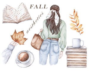 Watercolor clipart fall aesthetics, isolated on white background. Girl in a sweater, books, coffee, autumn leaves